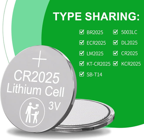 CR2025 3V Lithium Battery 100 Pack, Button Battery CR2025 Battery for Car Remote Key...