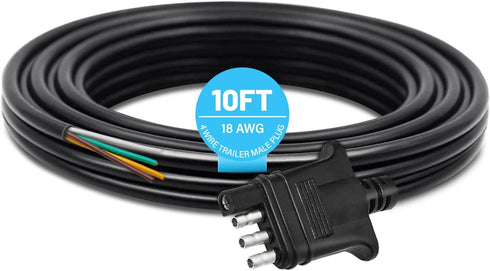 4 Way Trailer End Connector Wire 10 Feet Jacketed Cable, Heavy Duty 18AWG 4 Pin Trailer Light Plug Color-Coded Pure Copper, Trailer-Side Male End ...