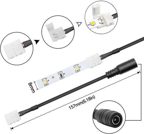 LightingWill 10pcs/Pack Strip to DC Female Plug Solderless Snap Down 2Pin Conductor LED Strip Connector for Quick Splitter Connection of 8mm Wide ...