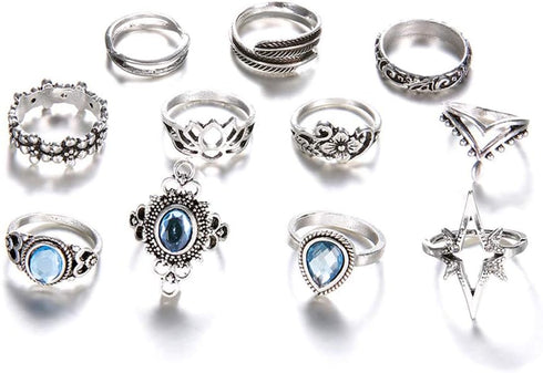 11 Pcs Bohemian Stackable Joint Knuckle Ring Set Carved Flower Star Leaf Gemstone Midi Ring Vintage Finger Rings for Women...