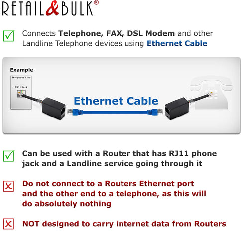 2-Pack RJ11 to RJ45 Adapter Phone Line to Ethernet – RJ45 Female to RJ11 Male for Landline, Fax, DSL Modem Connection (Black, Made in USA)...