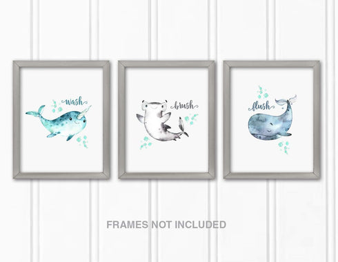 Confetti Fox Kids Bathroom Wall Art Decor - 8x10 Unframed Set of 3 Prints - Sea Animals Dolphin Shark Whale - Wash Brush Flush...