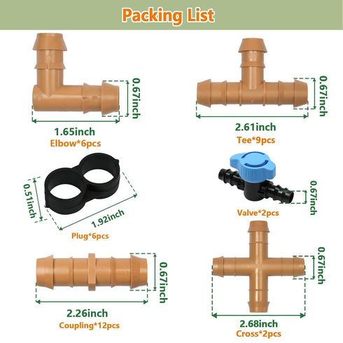 37 Pieces Drip Irrigation Fittings Kit for 1/2 Inch Tubing, Drip Irrigation Parts for Drip Sprinkler System - 12 Couplings, 9 Tees, 6 Elbows, 6 Pl...