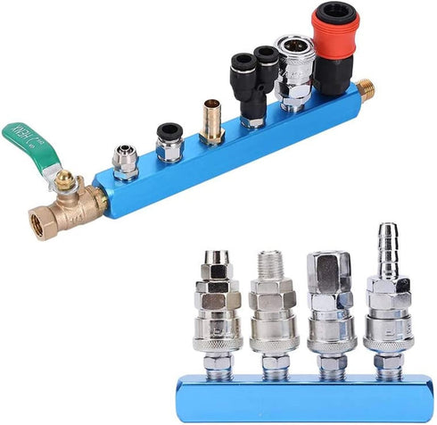 6 Way 9 Port Manifold Block Splitter,1/4" Pneumatic Air Hose Inline Fitting for Air Comrpessor Portable Air Tank?Aluminum Air Hose Inline Manifold...
