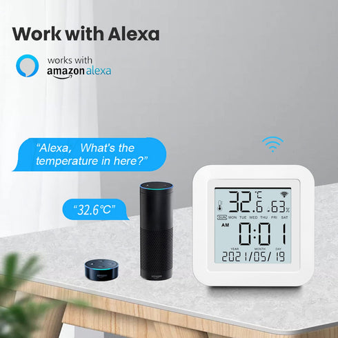WiFi Temperature and Humidity Sensor,Tuya Smart Hygrometer Thermometer with LCD Display,Compatible with Alexa,App Notification Alert,Temperature Humidity Remote Monitor for Home House Greenhouse