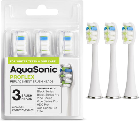 AquaSonic Proflex Replacement Brush Heads | for Whiter Teeth & Gum Care | Compatible with Many AquaSonic Toothbrush Handles (3 Pack White)...