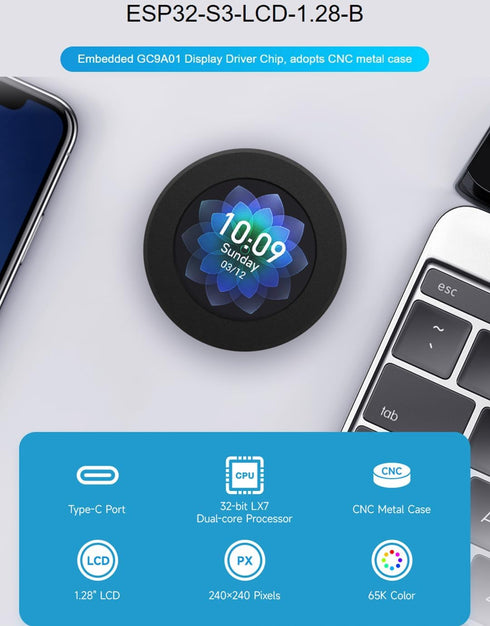 ESP32-S3 Development Board with 1.28inch IPS Round LCD 240x240 Resolution and with CNC Metal Case, 32-bit LX7 Dual-Core Processor, Integrates GC9A...