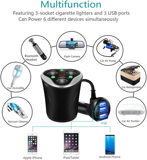 3 Socket Cigarette Lighter Splitter Power Adapter + 3 USB Car Charger 120W 12V/24V DC Outlet with Volt Meter, On/Off Switch for Cell Phone GPS Das...