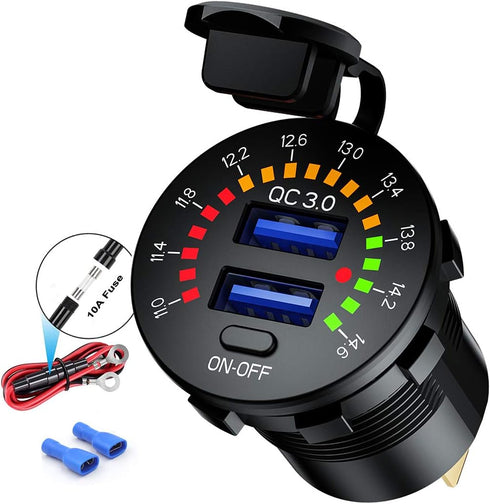 iMESTOU Quick Charge 3.0 Car Charger, Waterproof 36W Dual USB QC3.0 Fast Charging Socket Power Outlet with Voltmeter & Switch & 10A Fuse Built-in ...