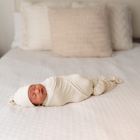 Large Jersey Knitted Swaddle Blanket for Baby, Soft Stretchy Receiving Blanket for Newborns with Hat, Large 47 x 47 inches (Natural)...