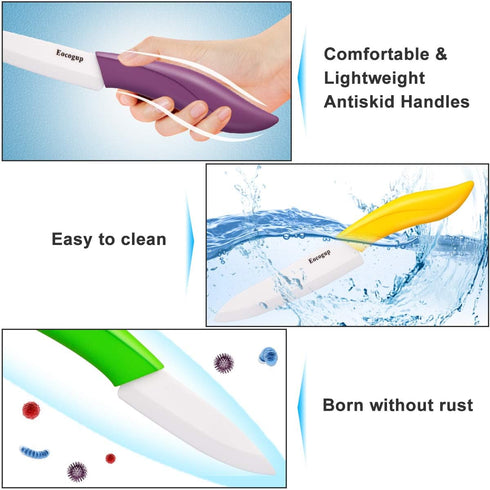 Updated Version Ceramic Knife Set 4-Piece Color with Sheaths (Includes 3" Paring Knife, 4" Fruit Knife, 5" Utility Knife, 6" Chef Knife) for Home ...