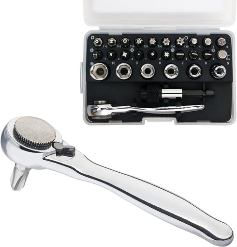 SHARDEN 1/4 Mini Ratchet Set 28pcs Right Angle Screwdriver and Bit with Metric Socket Set, 72 Tooth Small Ratcheting Wrench Offset Screwdriver Low...