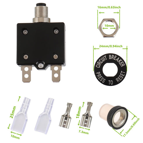 30A Manual Reset Push Button Circuit Breaker 125/250V AC 50V DC Thermal Overload Protector with Quick Connect Terminals and Waterproof Button Caps...