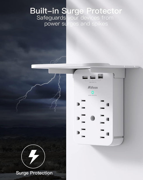 Wall Outlet Extender with Surge Protector, 6 AC Outlets, Shelf, 2 USB & USB C Charging Ports - Home & Dorm Plug Expander...