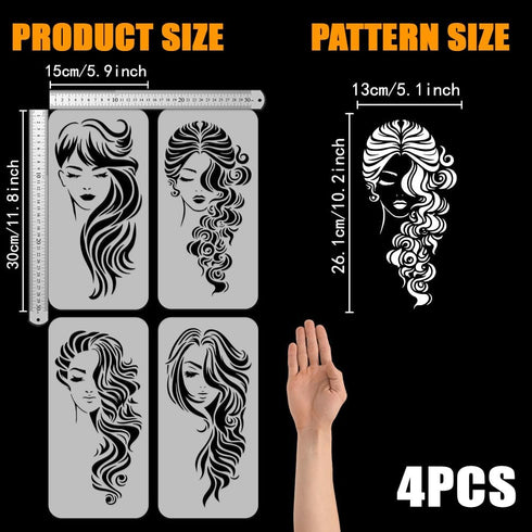 FINGERINSPIRE 4 Pcs Long Hair Woman Face Painting Large Stencil 11.8x5.9" PET Beautiful Girl Spraying Big Stencil Reusable Lady Line Art Face Wall...