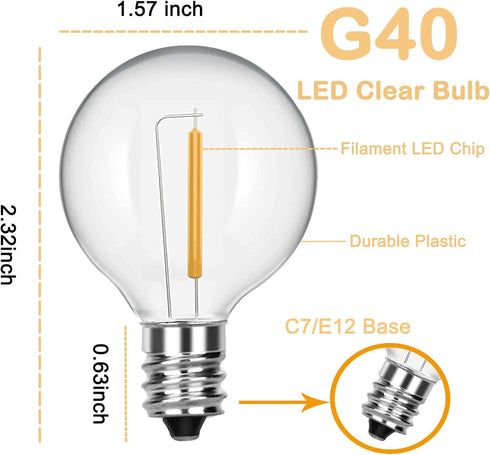 G40 LED Replacement Bulbs, 25 Pack Clear Globe Bulb fits E12 C7 Candelabra Base,1.5 Inch Dimmable Waterproof Globe Light Bulbs for Indoor Outdoor ...