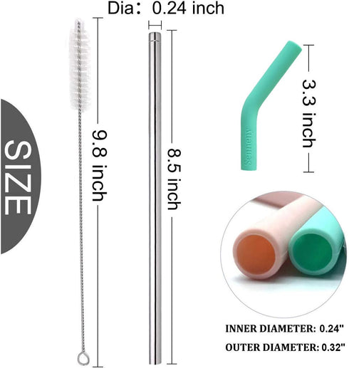 Senneny Set of 5 Stainless Steel Straws with Silicone Flex Tips Elbows Cover, 2 Cleaning Brushes and 1 Portable Bag Included (Silver)- 6mm diamete...