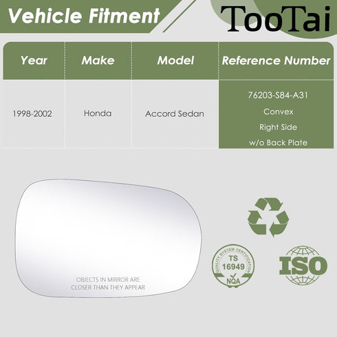 Passenger Side Replacement Mirror Glass - Compatible with Honda vehicles - Accord 1998-2002 sedan - non-Heated, without Backing Plate...