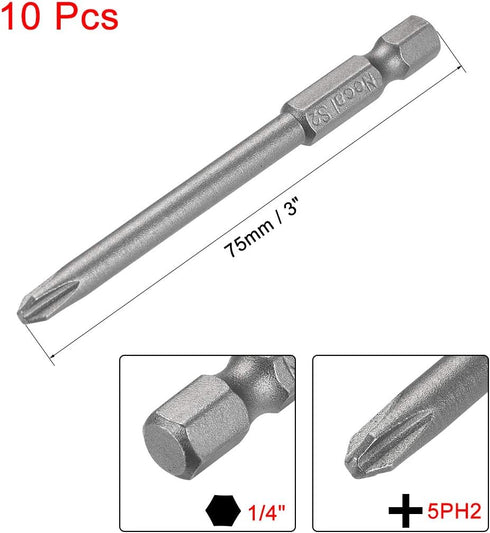 uxcell 10 Pcs 5mm PH2 Magnetic Phillips Screwdriver Bits, 1/4 Inch Hex Shank 3-inch Length S2 Power Tool...