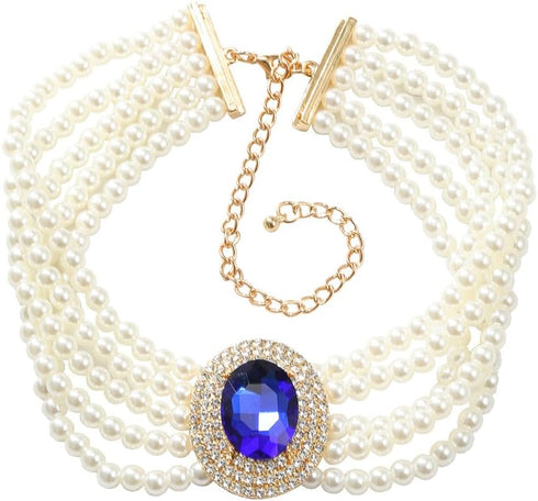 fxmimior Women Multilayer 1920s Green Blue Silver Rhinestone Necklaces Dainty Pearls Layered Choker Necklaces Fashion Chunky Pearls Pendant Multil...