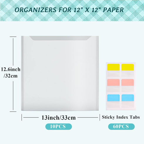 Caydo Scrapbook Paper Storage Organizer with 60 Sticky Index Tabs, 10 Pack Plastic Paper Storage Bag for Holding 12 x 12 Inch Scrapbook Paper Card...