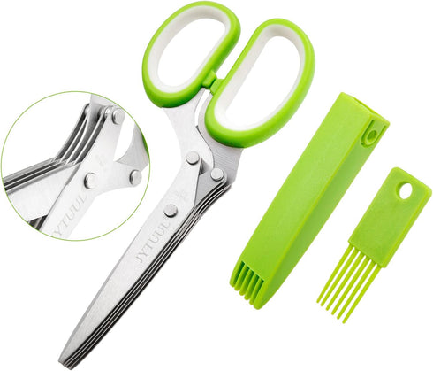 Herb Scissors, Multipurpose Sharp Kitchen Herb Cutter Shears with 5 Stainless Steel Blades, Safety Cover, Cleaning Comb, Cool Kitchen Gadgets for ...