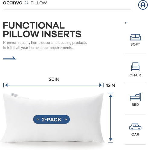 Acanva Premium Throw Pillow Inserts with Microfiber Filled, Lumbar Support Decorative Stuffer for Sofa Bed Couch & Chairs, 12x20, 2 Count, White...