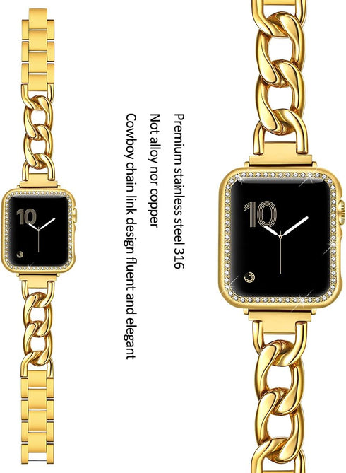 Dilando Cool Chain Metal Link Bands Compatible with Apple Watch 38mm 40mm 41mm Women Men, Gold Stainless Steel Bracelet with Bling Case for Iwatch...