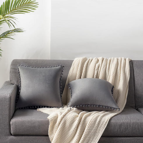 DEZENE Decorative Pillow Cases 24x24 Light-Grey: 2 Pack Cozy Soft Pom-poms Velvet Square Throw Pillow Covers for Farmhouse Home Decor...