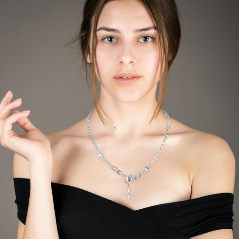 Silver Y2k Star Pendant Necklace Rhinestone Moonstone Irregular Necklace Adjustable Grunge Jewelry Gifts Accessories for Women Teen Girls Aestheti...