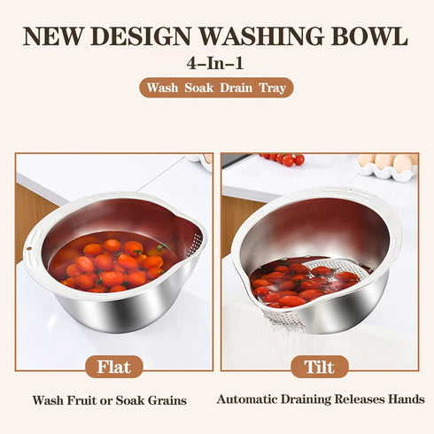 Rice Washer Strainer Bowl - 4-in-1 Washing Bowl for Quinoa, Stainless Steel Rinser With Side Drainers Small Colander for Cleaning Fruits, Vegetabl...