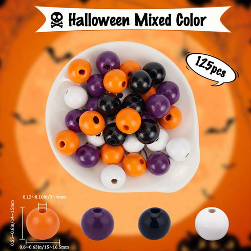 125Pcs Halloween Wooden Beads Pumpkin Wood Beads Garland Craft Round Loose Bead Ornaments for Jewelry Making Bead Assortments DIY Necklace Bracele...