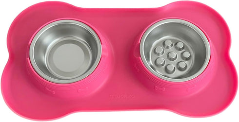 Double Pet Bowl with Silicone Mat Slow Feeder Pink...