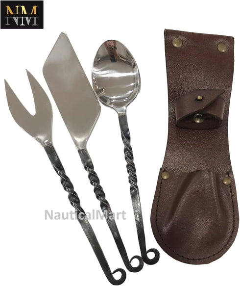 NauticalMart Medieval Feasting Set 3 Pieces Cutlery Knife, Fork, Spoon with leather Case...