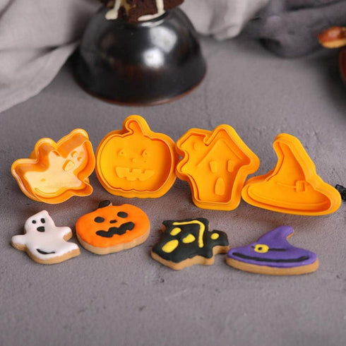 4 Pcs Halloween Theme Plunger Biscuit Mold Cutter Plastic Cookie Cutter Biscuit Stamp Mould Fondant Tool Set...