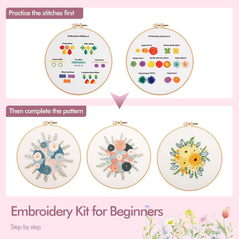 Embroidery Kit for Beginners, Starters with Stamped Pattern, 5 Sets Cross Stitch Kits for Adults Hand Craft Lover with Embroidery Cloth, Hoop, Col...