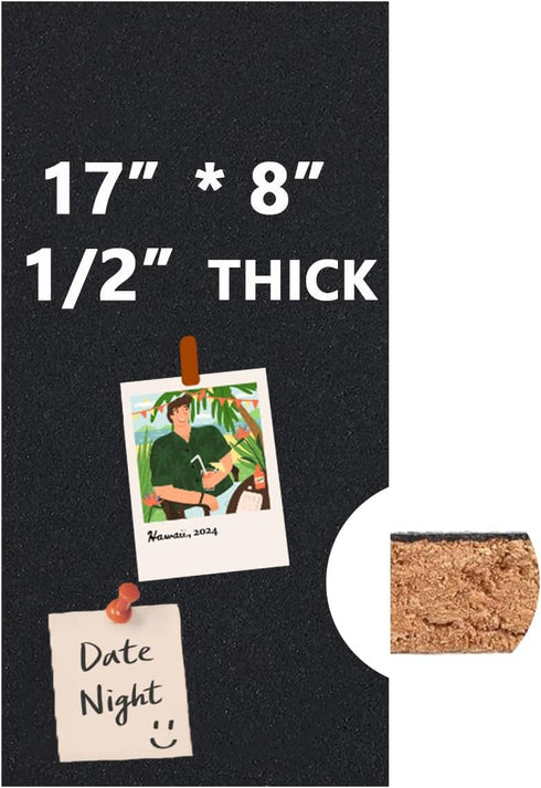 Cork Board 17"x 8" Self-Adhesive Black Cork Board, 1/2" Thick Cork Boards, 1 Pack Black Bulletin Board (4320BK-12mm-1p)...