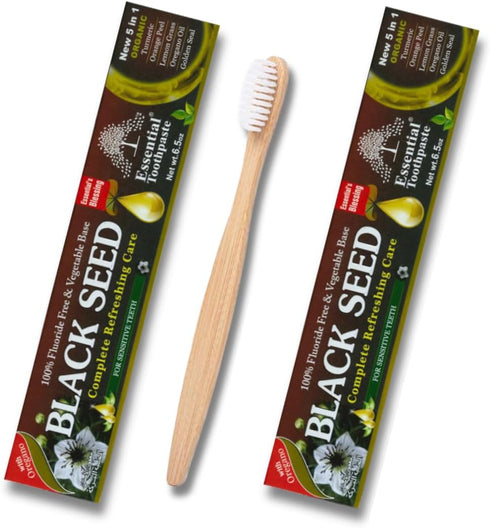 INC Organic Black Seed Toothpaste Bundle: 2 Packs of Essential Palace Fluoride-Free Toothpaste with Bamboo Brushes - Natural Oral Care Combo for H...