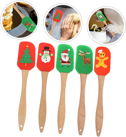 5pcs Cream Spatula Frosting Spatula Wooden Handles Silicone Baking Sheet Christmas Cake Decorating Spatula Christmas Rubber Spatula Cake Baking Sc...