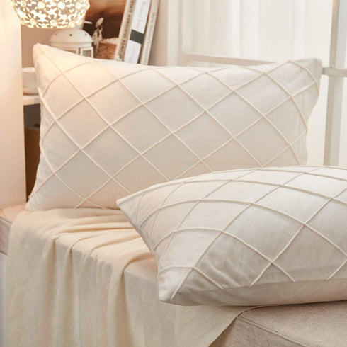 JAUXIO Diamond Pinch Pleated Crystal Velvet Pillowcases 2 Pack Solid Pintuck Throw Cushion Cover for Home Decor Hidden Zipper Closure (Cream, Stan...