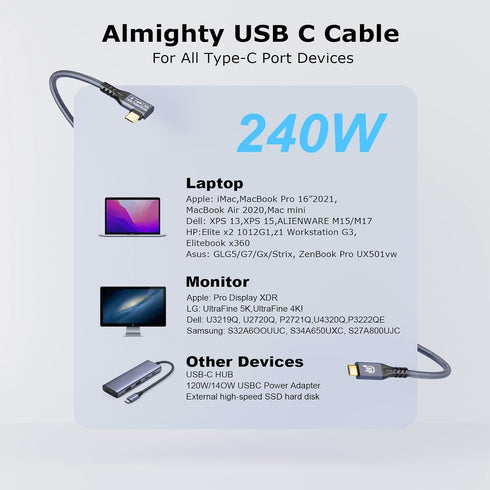 CABLEDECONN USB C 3.2 Gen-2 240W Curved Extension Cable 2m 6.6ft Data Transfer 20Gbps 48V/5A Charging Cable Type-C 4K Video Output Compatible with...