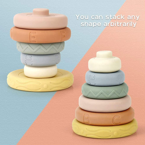 BOBXIN Stacking & Nesting Rings Toy, Soft Circle Stacker, 6 pcs Building Stacker,Teethers for Baby, Squeeze Play with letter, Animal and Graphic, ...