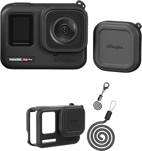 Silicone Case Lens Cap for Insta360 Ace Pro, ShockProof Protective Silicone Case Lens Cap with Anti Lost Strap and Lanyard Black...