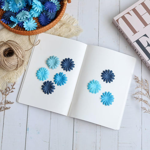 100 Pcs Handmade Mulberry Paper Daisy Petals 40x40mm Mulberry Paper Daisy Flowers Scrapbooking Wedding DIY Craft Supplies Card (Blue Tone)...