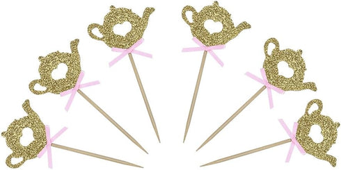 24 PCS Golden Glitter Teapot Cake Cupcake Toppers Picks for Tea Party Baby Shower Wedding Birthday Decorations...