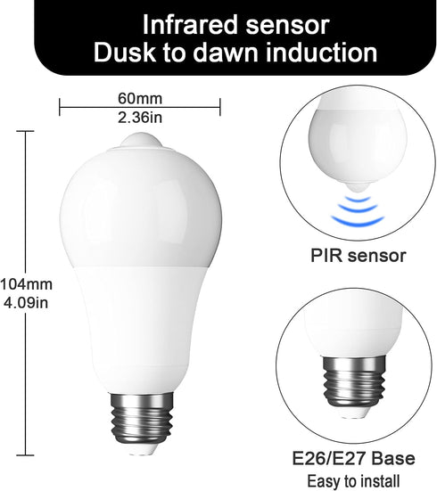 Motion Sensor Light Bulb,Motion Activated Light Bulb,Motion Bulb Indoor,Motion Detector Light,E26 Base Dusk to Dawn Security Night Light Bulb 13.5...