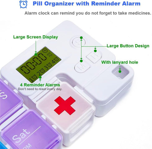 7 Day Pill Organizer,4 Reminder Alarms, Loud Sound,14 Large Compartments,Large Screen,Moisture-Proof Design,Hold Vitamins,Fish Oil,Supplements,Wee...