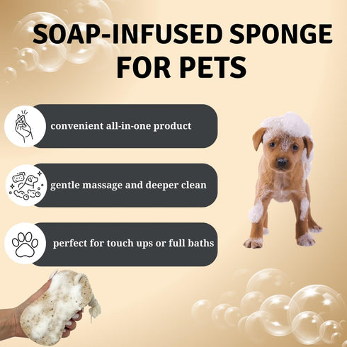 Pet Sponge with Soap-Infused | Coconut Oatmeal Formula for Cats & Dogs | Simple Ingredients & Soothes Skin | 10+ Washes, brown...