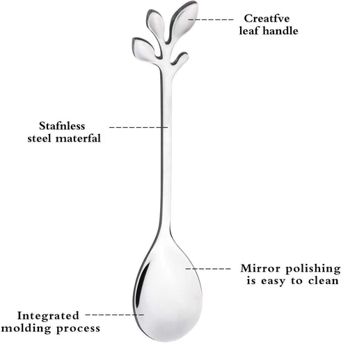Stainless Steel Leaf Coffee Spoon, SZBAIDEKJ 10 Pcs Creative Tableware Dessert Spoons, Stirring, Mixing, Sugar, Stir, Ice Cream Teaspoon Set (Silv...
