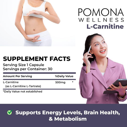 Pomona Wellness L- Carnitine, Helps Boost Metabolism, Supports Cognitive Health Cardiovascular Functions and Metabolic Health, 500mg Per Serving, ...